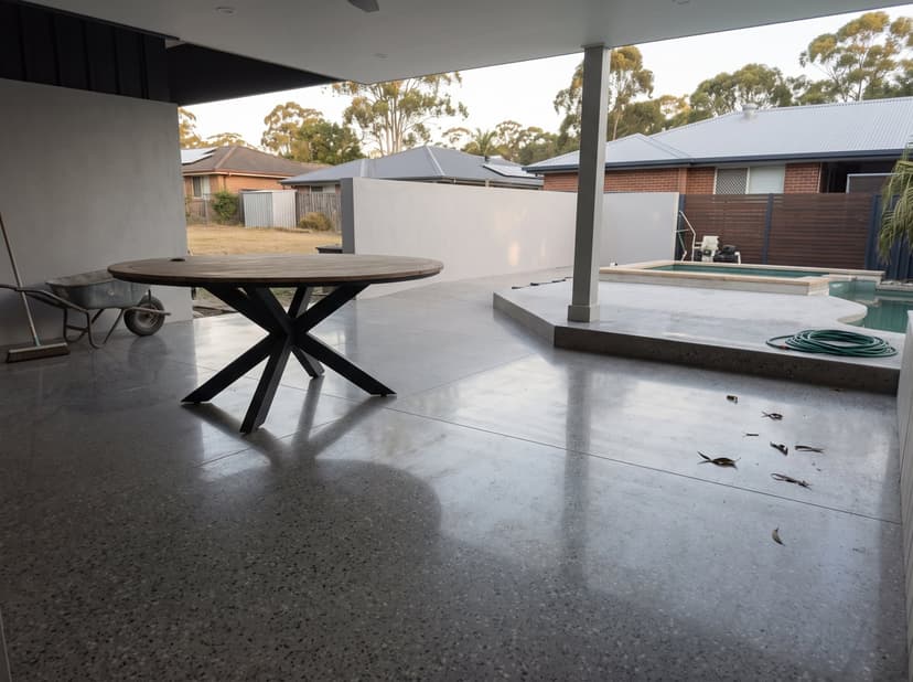 Honed concrete alfresco floor running out to a pool