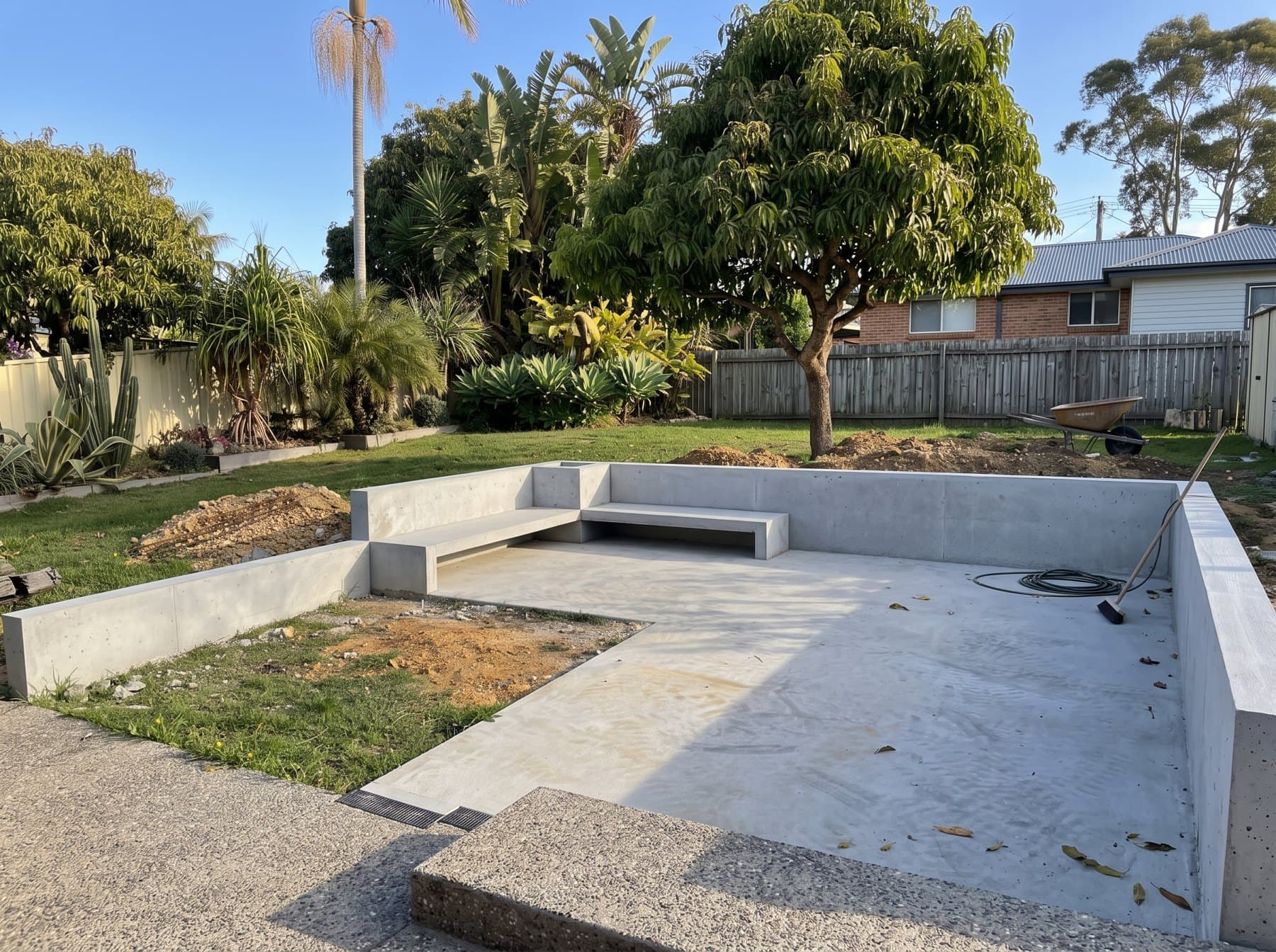 Off-form concrete retaining wall and cast bench seats