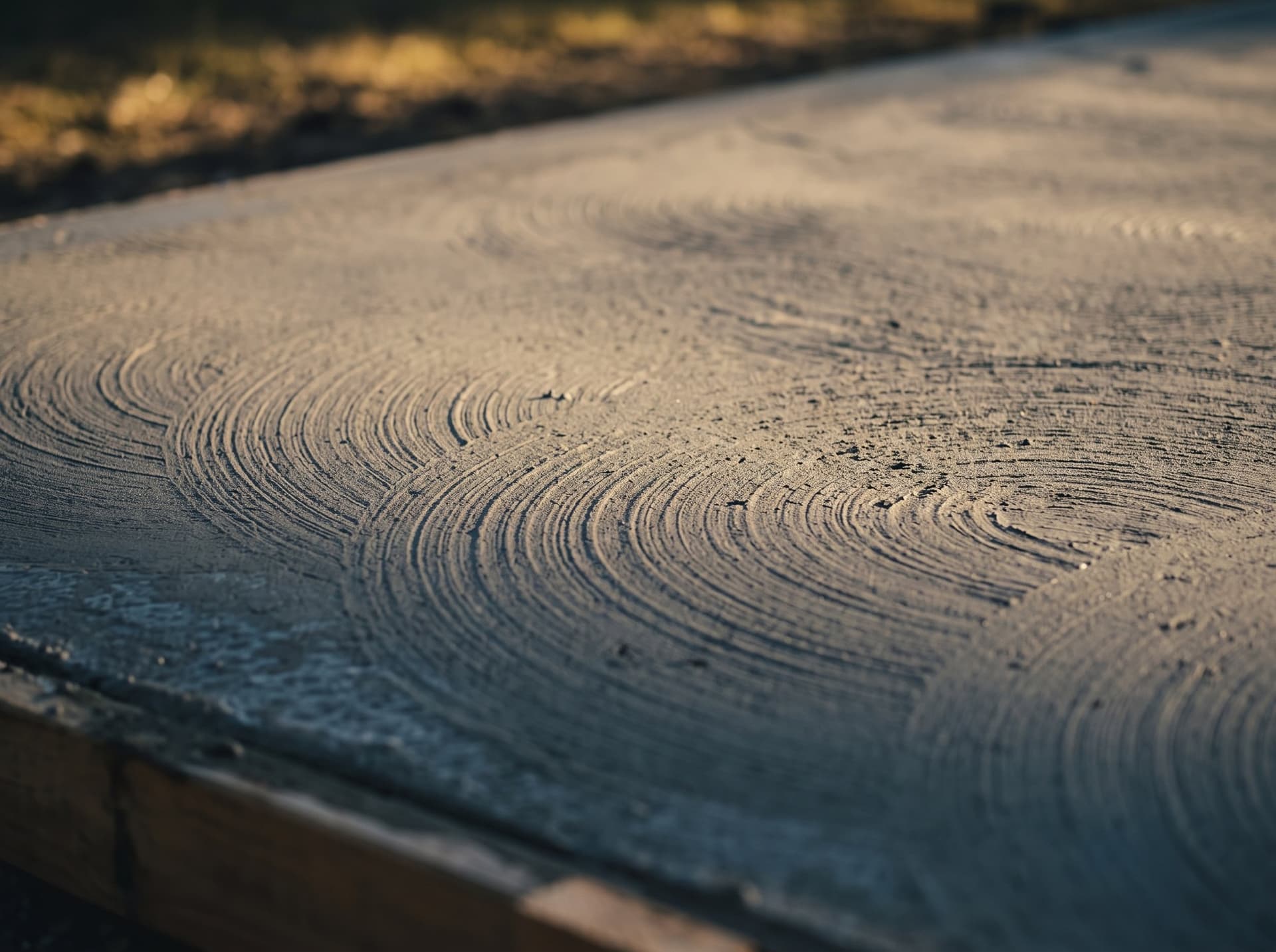 Close-up of trowel marks on a freshly floated concrete slab in low sun
